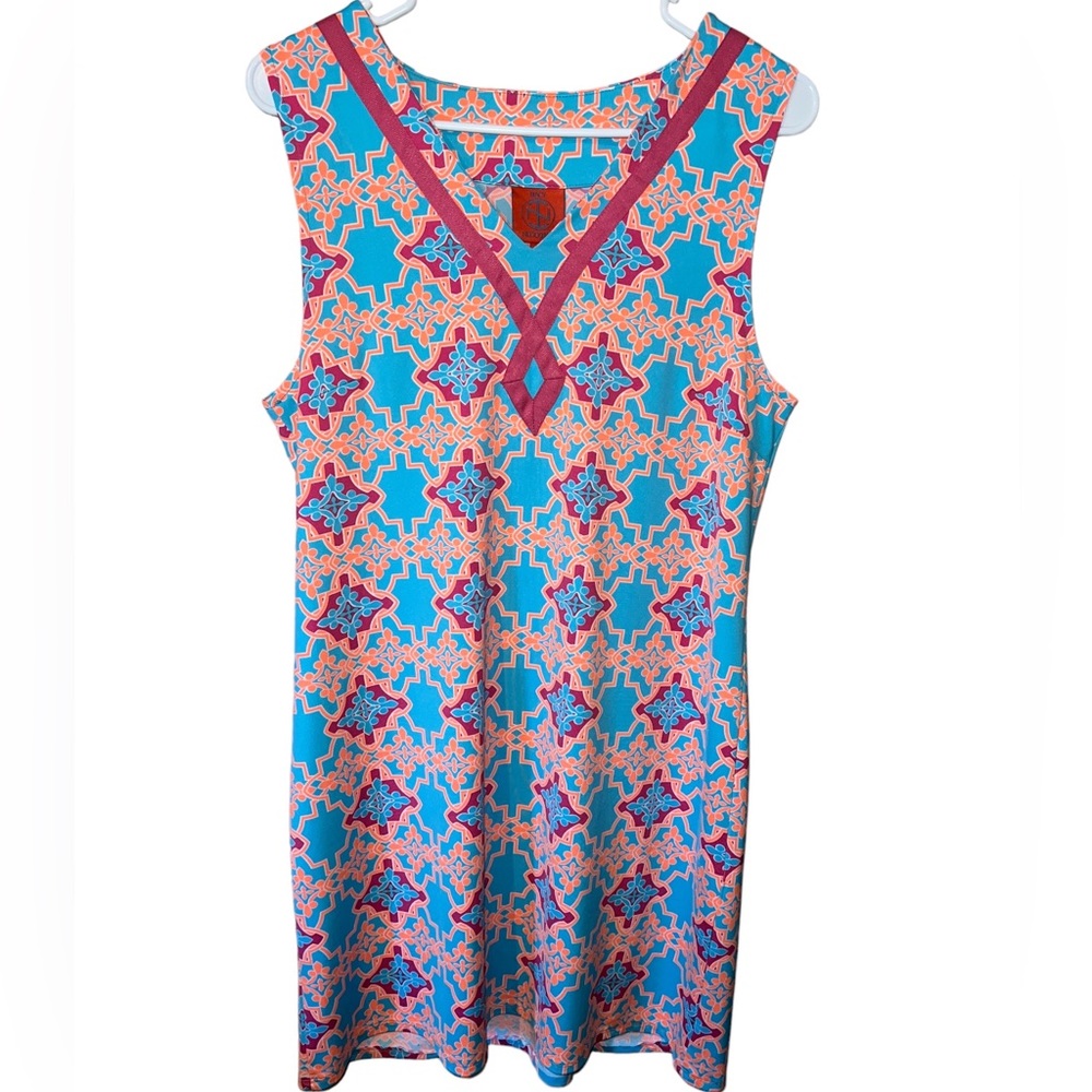 Tracy Negoshian Coral, Neon Orange And Teal Sleeveless Shift Dress